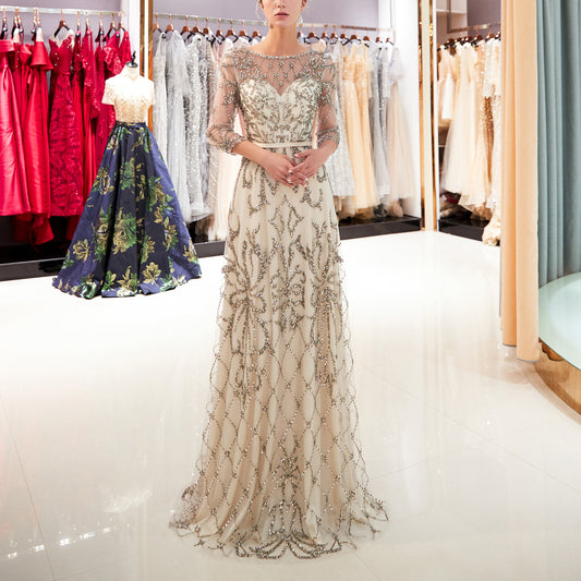 7-Day Dispatch Sheer 3/4 Sleeve Illusion Neck Beaded Lattice Tulle A-Line Gown Three Colors (Champagne, Navy Blue & Gold) Evening Dress