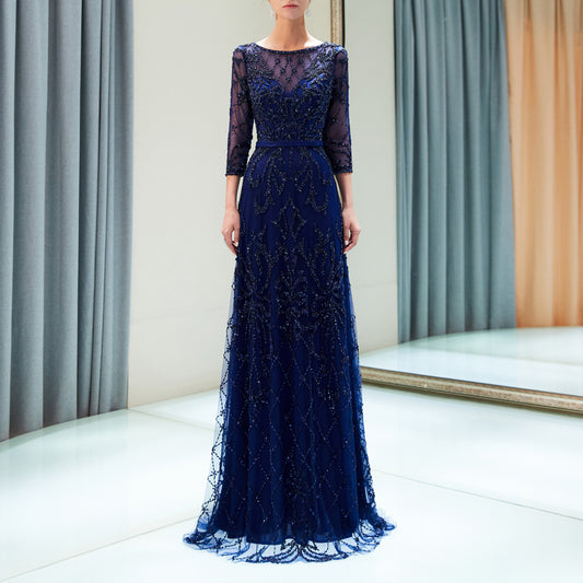 7-Day Dispatch Sheer 3/4 Sleeve Illusion Neck Beaded Lattice Tulle A-Line Gown Three Colors (Champagne, Navy Blue & Gold) Evening Dress
