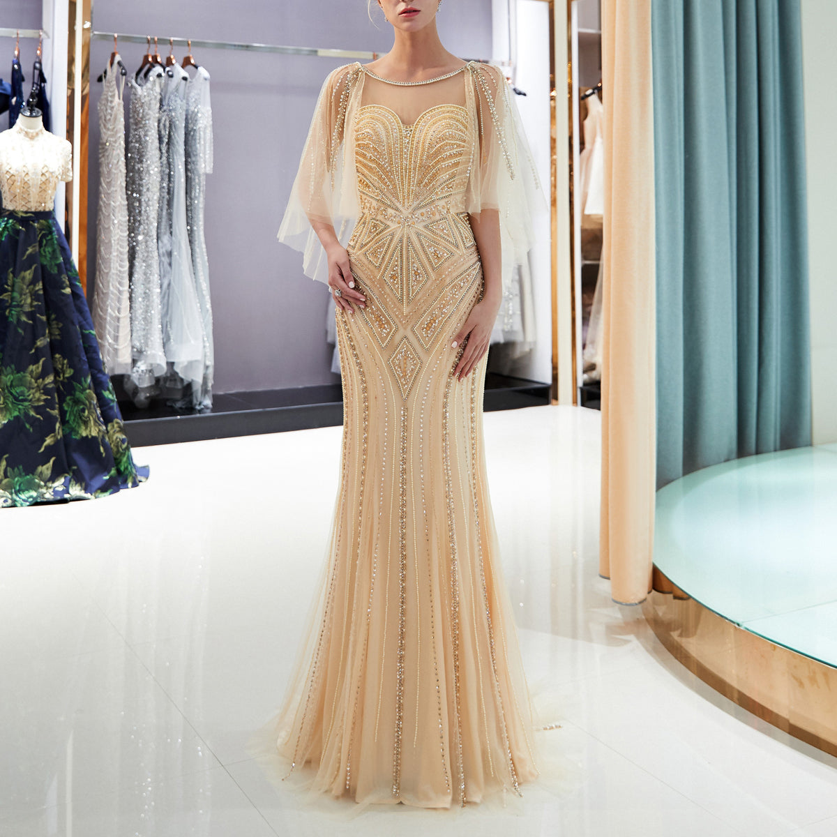 7-Day Dispatch Sheer Beaded Cape Sleeve Illusion Neck Beaded Mermaid Gown Two Colors (Champagne & Silver Grey) V-Back Sequin Tulle Train Evening Dress