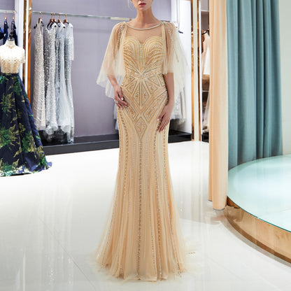 7-Day Dispatch Sheer Beaded Cape Sleeve Illusion Neck Beaded Mermaid Gown Two Colors (Champagne & Silver Grey) V-Back Sequin Tulle Train Evening Dress