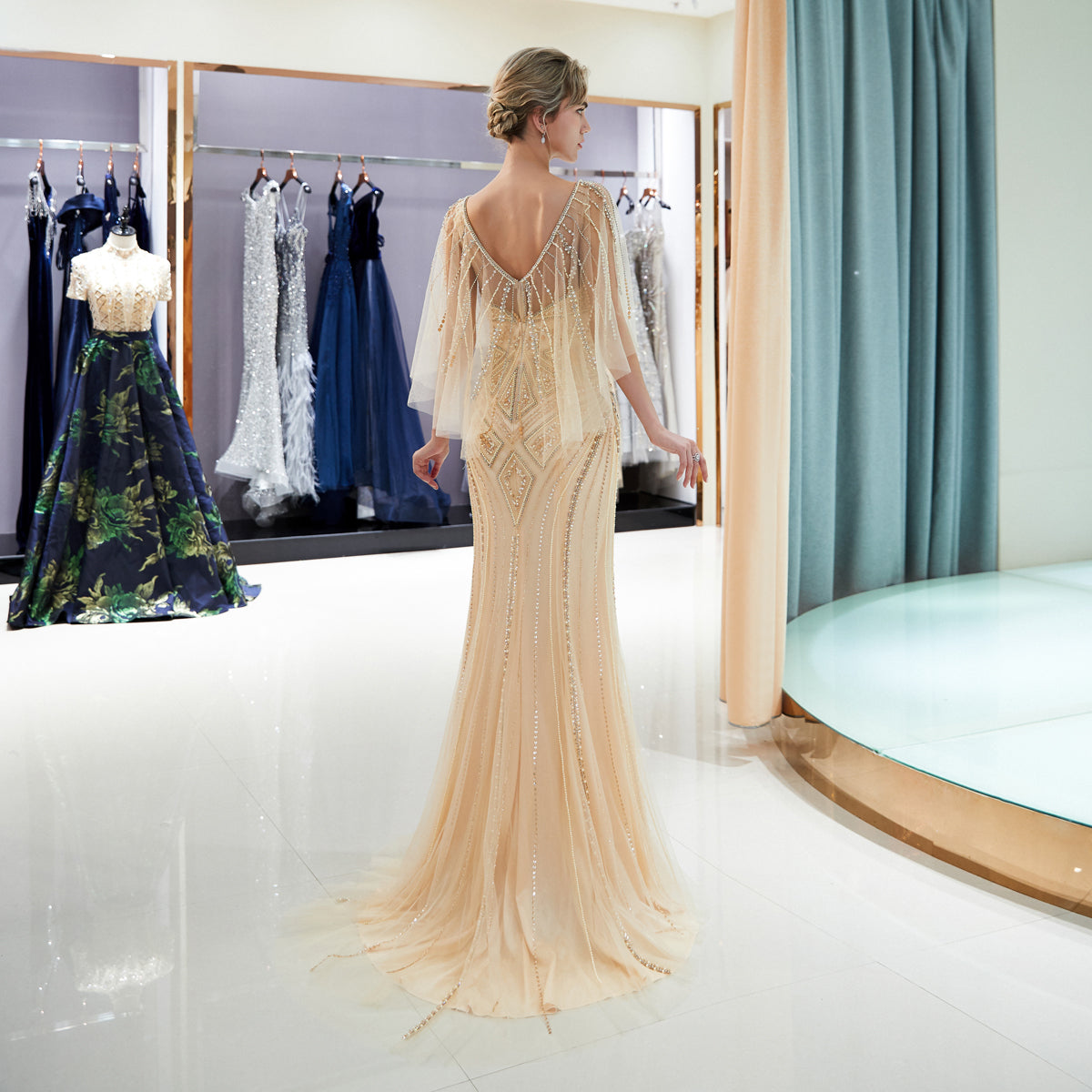 7-Day Dispatch Sheer Beaded Cape Sleeve Illusion Neck Beaded Mermaid Gown Two Colors (Champagne & Silver Grey) V-Back Sequin Tulle Train Evening Dress