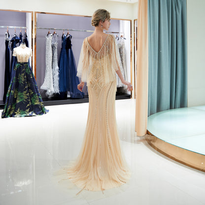 7-Day Dispatch Sheer Beaded Cape Sleeve Illusion Neck Beaded Mermaid Gown Two Colors (Champagne & Silver Grey) V-Back Sequin Tulle Train Evening Dress