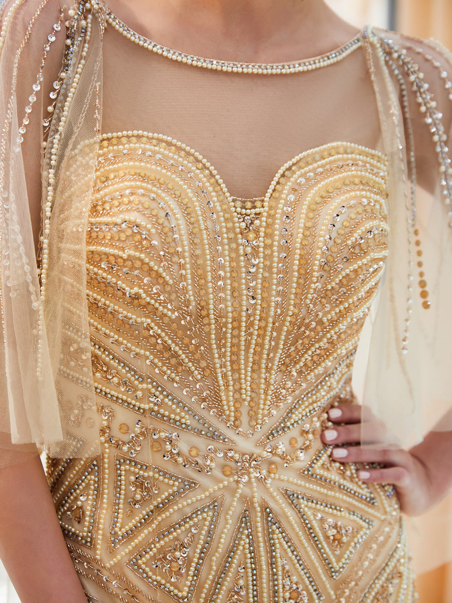 7-Day Dispatch Sheer Beaded Cape Sleeve Illusion Neck Beaded Mermaid Gown Two Colors (Champagne & Silver Grey) V-Back Sequin Tulle Train Evening Dress