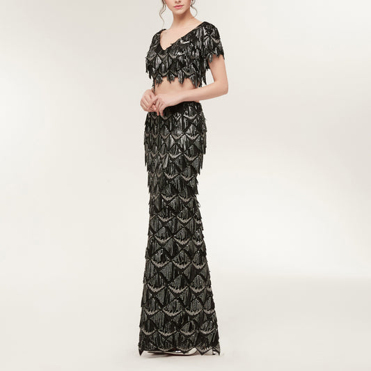 7-Day Dispatch Short Sleeve V-Neck Black Silver Sequin Fringe Two-Piece Mermaid Evening Gown Cutout Waist Formal Dress