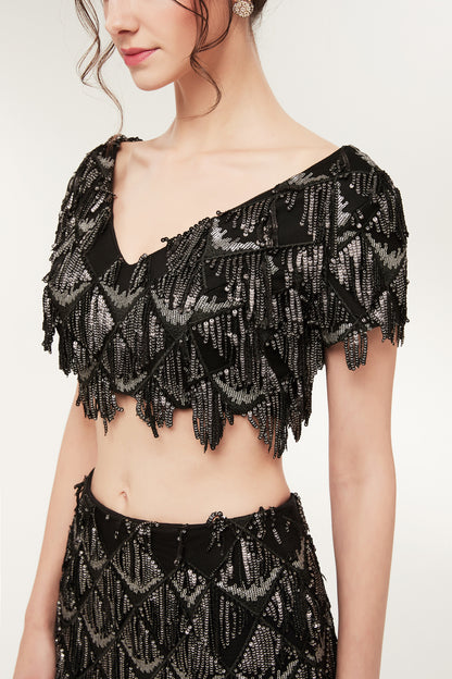 7-Day Dispatch Short Sleeve V-Neck Black Silver Sequin Fringe Two-Piece Mermaid Evening Gown Cutout Waist Formal Dress