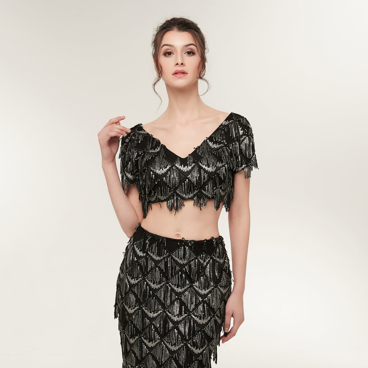7-Day Dispatch Short Sleeve V-Neck Black Silver Sequin Fringe Two-Piece Mermaid Evening Gown Cutout Waist Formal Dress