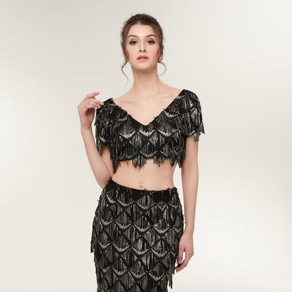 7-Day Dispatch Short Sleeve V-Neck Black Silver Sequin Fringe Two-Piece Mermaid Evening Gown Cutout Waist Formal Dress