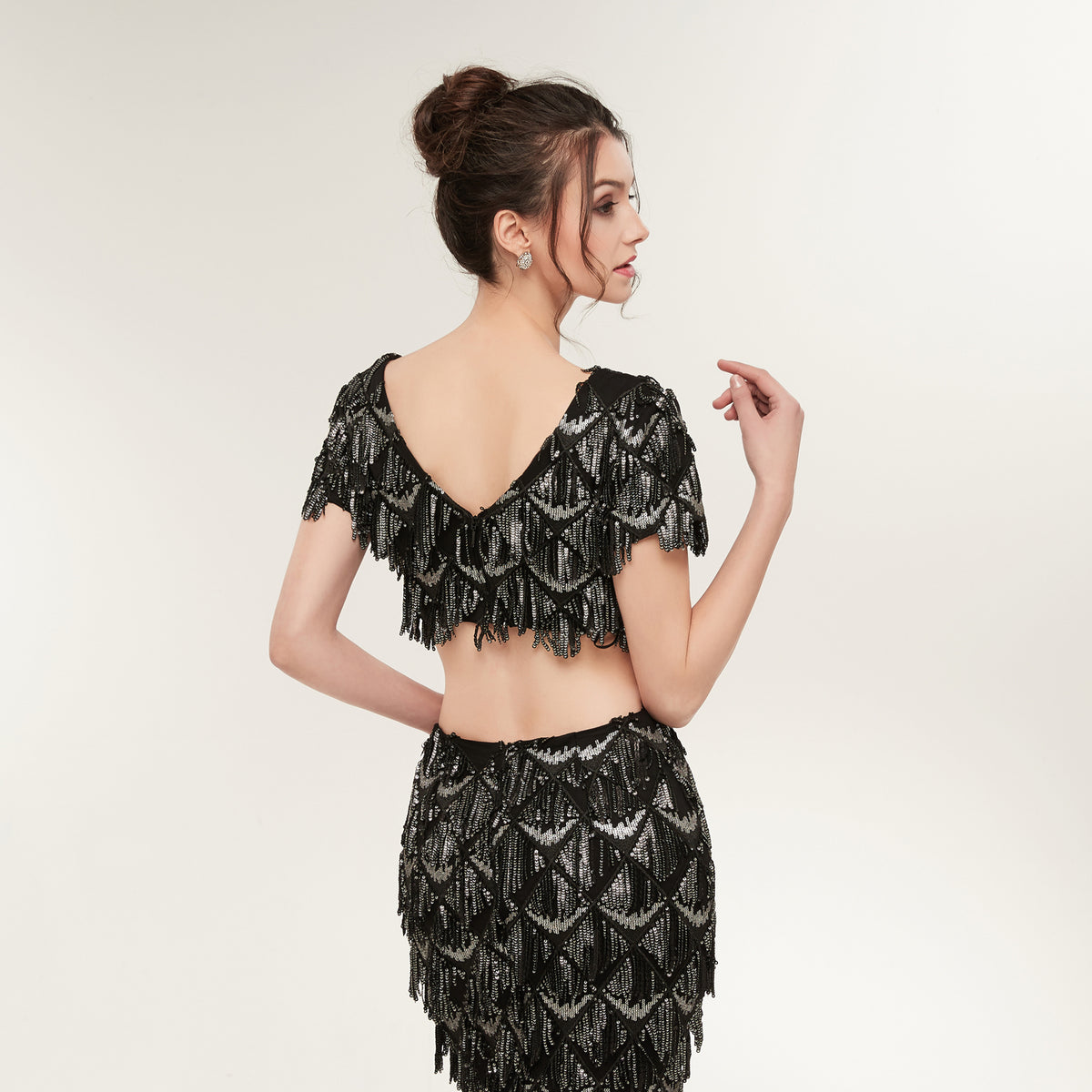 7-Day Dispatch Short Sleeve V-Neck Black Silver Sequin Fringe Two-Piece Mermaid Evening Gown Cutout Waist Formal Dress