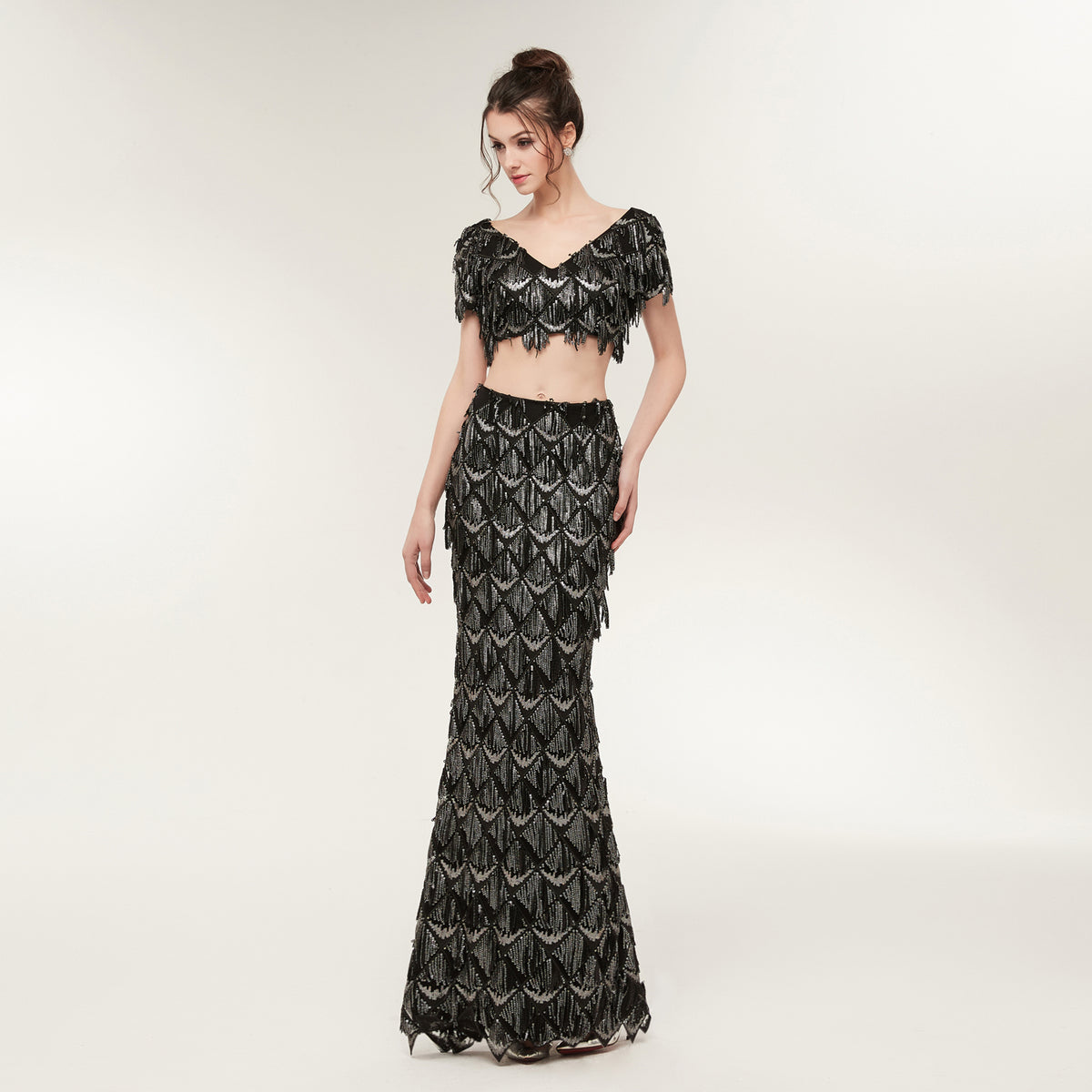 7-Day Dispatch Short Sleeve V-Neck Black Silver Sequin Fringe Two-Piece Mermaid Evening Gown Cutout Waist Formal Dress
