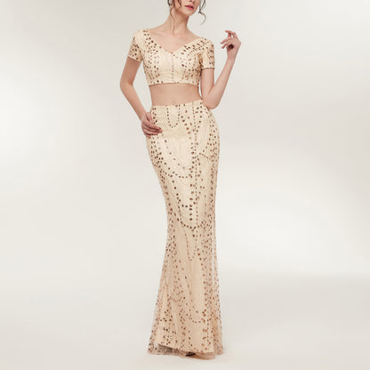 7-Day Dispatch Short Sleeve V-Neck Champagne Beaded Two-Piece Mermaid Evening Gown Cutout Waist Prom Dress