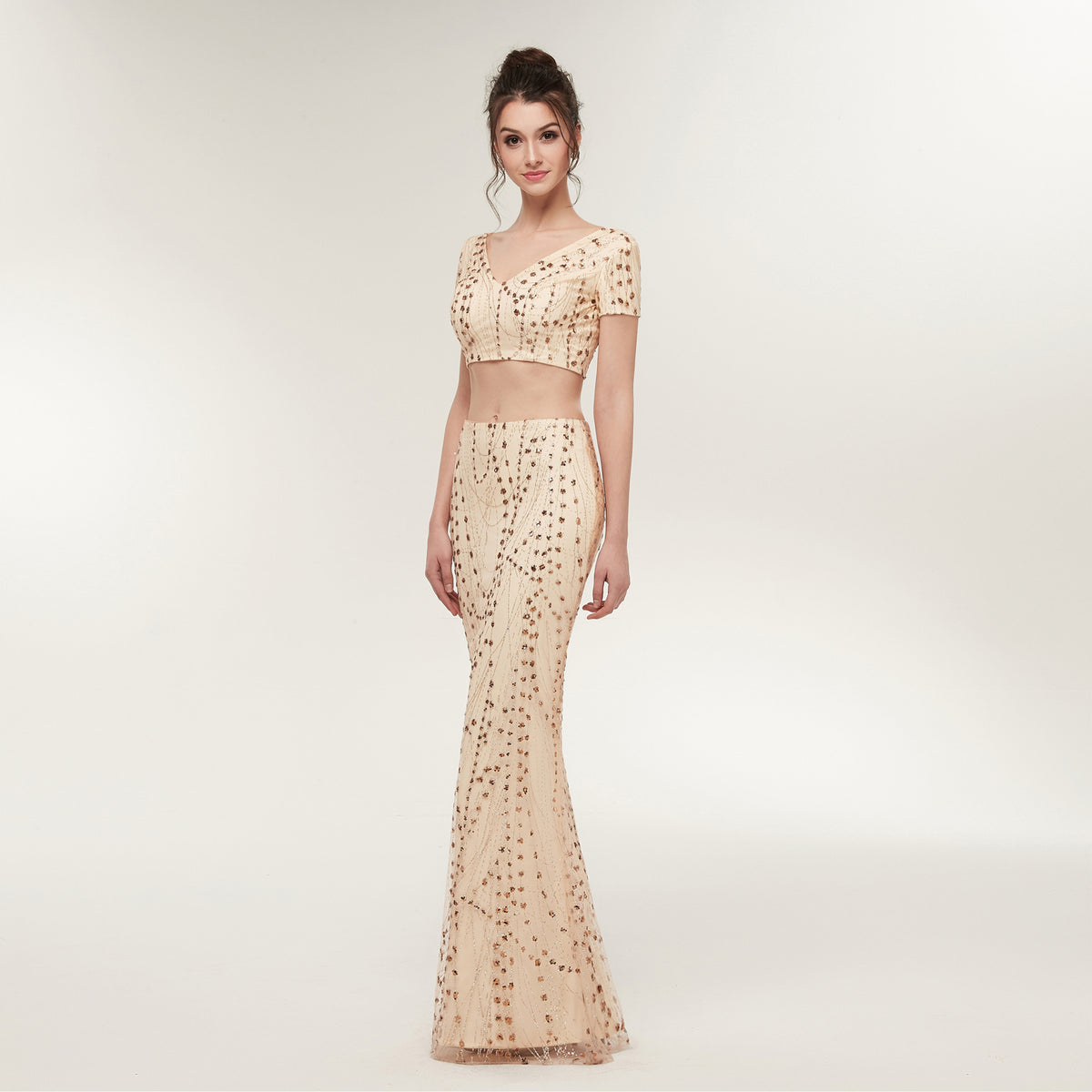 7-Day Dispatch Short Sleeve V-Neck Champagne Beaded Two-Piece Mermaid Evening Gown Cutout Waist Prom Dress