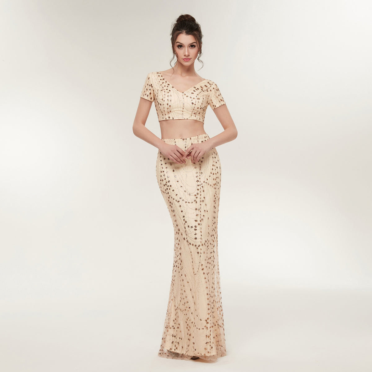 7-Day Dispatch Short Sleeve V-Neck Champagne Beaded Two-Piece Mermaid Evening Gown Cutout Waist Prom Dress