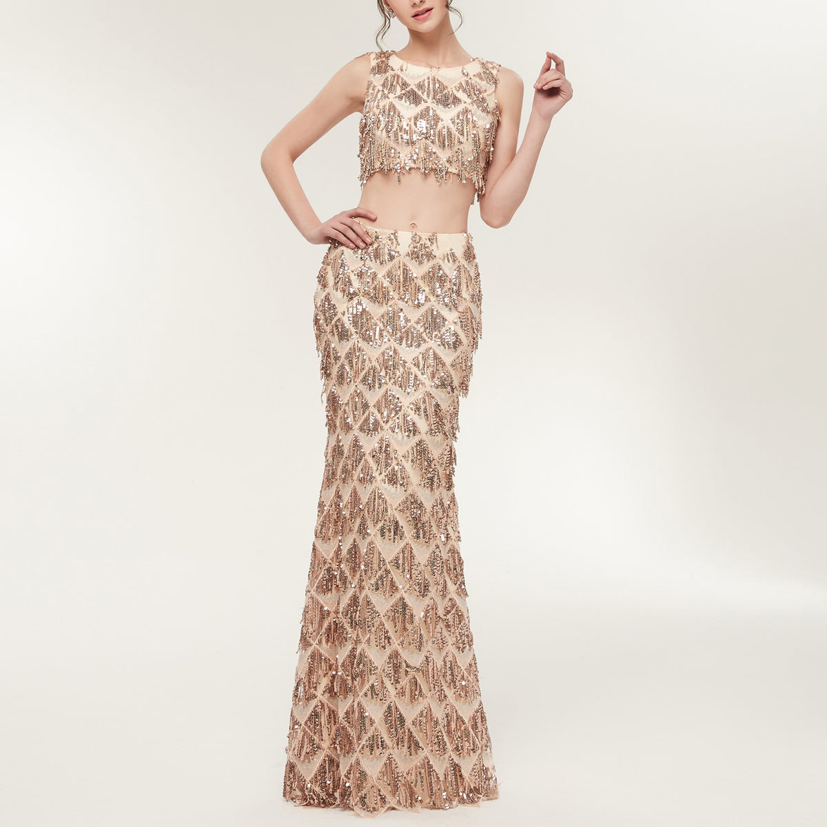 7-Day Dispatch Sleeveless Crew Neck Champagne Sequin Two-Piece Mermaid Prom Dress Cutout Waist Fringe Formal Gown