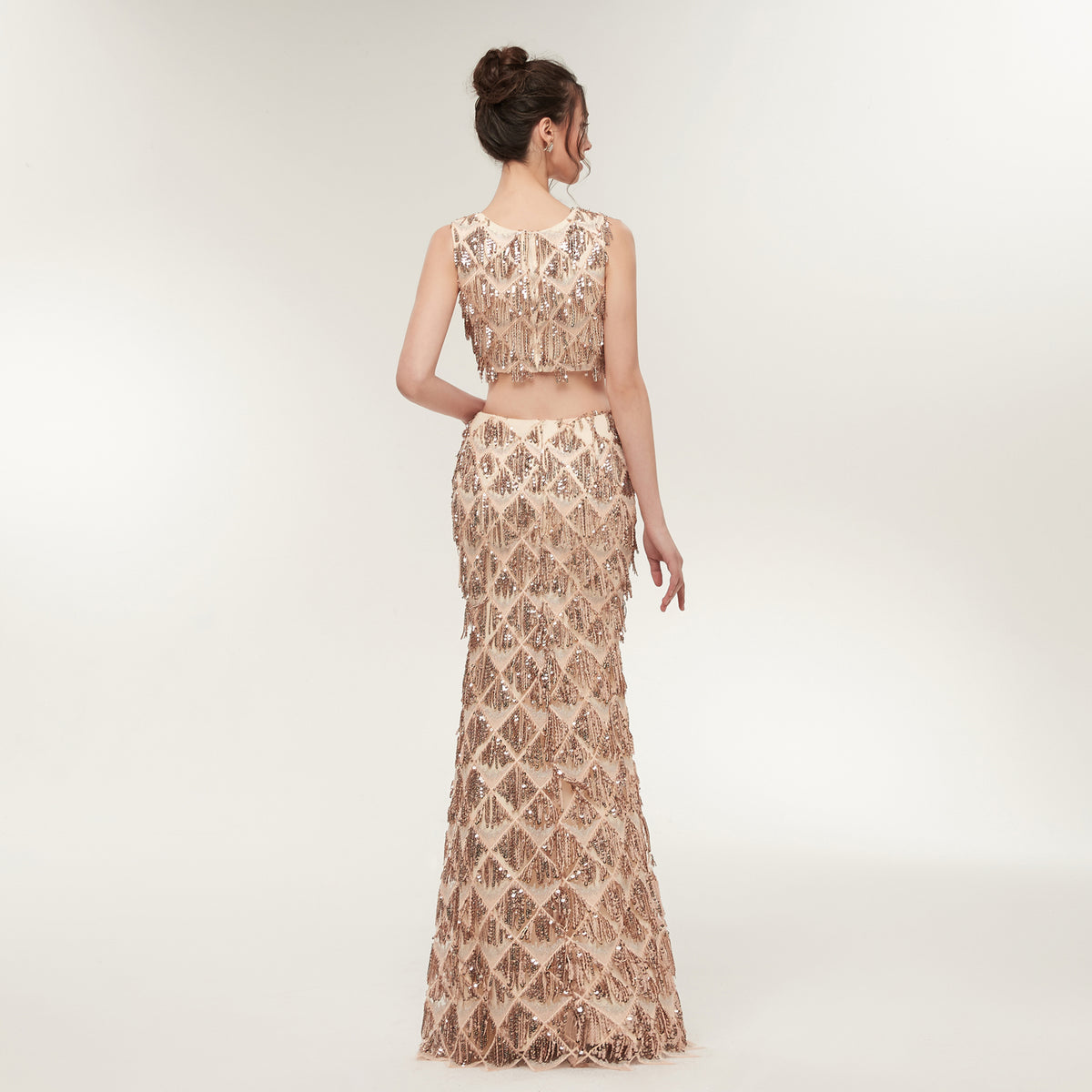 7-Day Dispatch Sleeveless Crew Neck Champagne Sequin Two-Piece Mermaid Prom Dress Cutout Waist Fringe Formal Gown