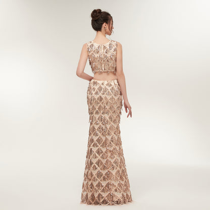 7-Day Dispatch Sleeveless Crew Neck Champagne Sequin Two-Piece Mermaid Prom Dress Cutout Waist Fringe Formal Gown
