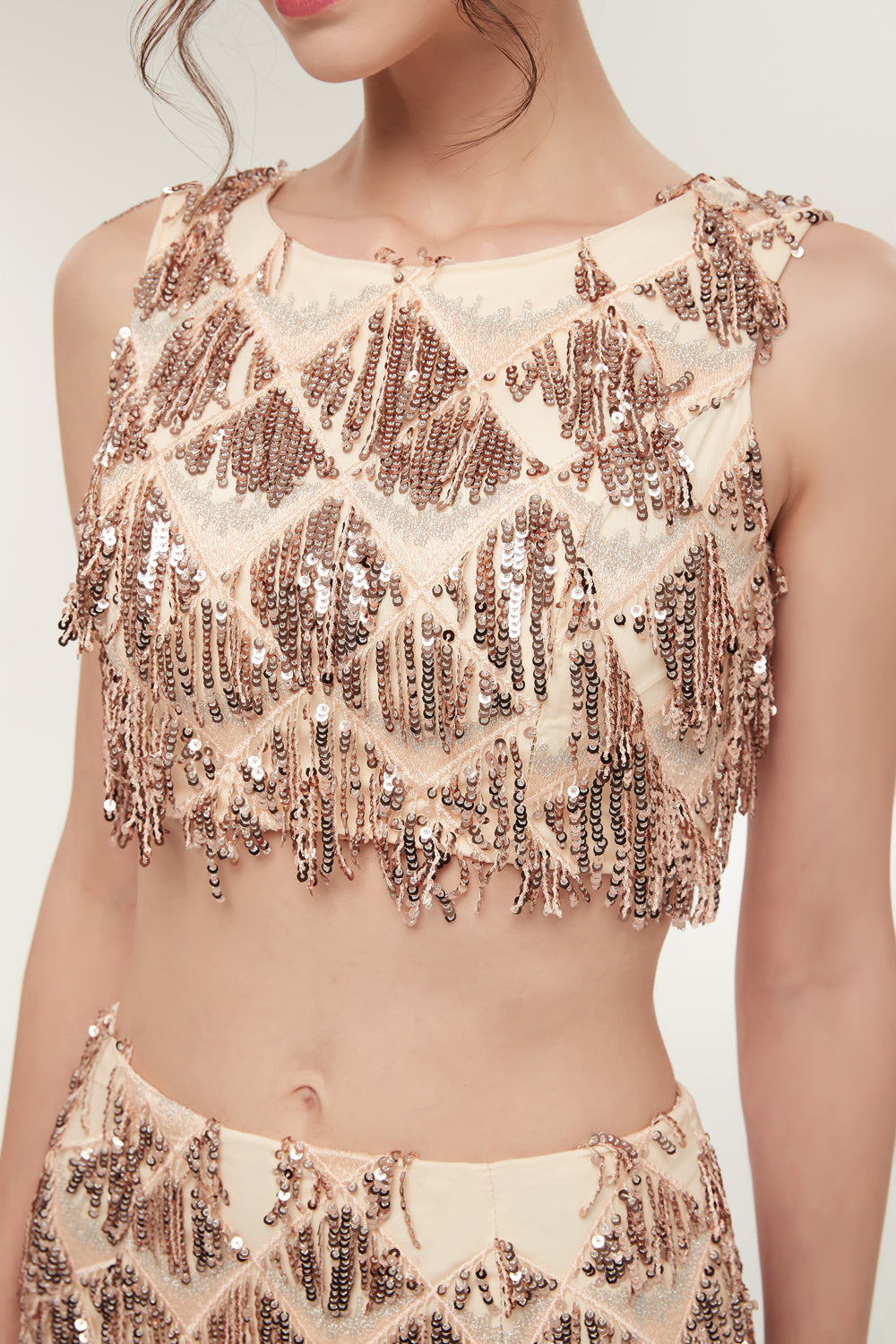 7-Day Dispatch Sleeveless Crew Neck Champagne Sequin Two-Piece Mermaid Prom Dress Cutout Waist Fringe Formal Gown
