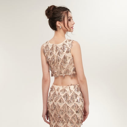 7-Day Dispatch Sleeveless Crew Neck Champagne Sequin Two-Piece Mermaid Prom Dress Cutout Waist Fringe Formal Gown