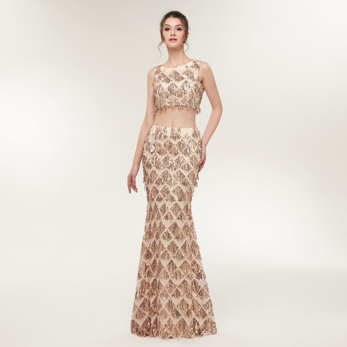 7-Day Dispatch Sleeveless Crew Neck Champagne Sequin Two-Piece Mermaid Prom Dress Cutout Waist Fringe Formal Gown
