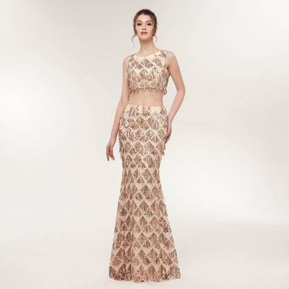7-Day Dispatch Sleeveless Crew Neck Champagne Sequin Two-Piece Mermaid Prom Dress Cutout Waist Fringe Formal Gown