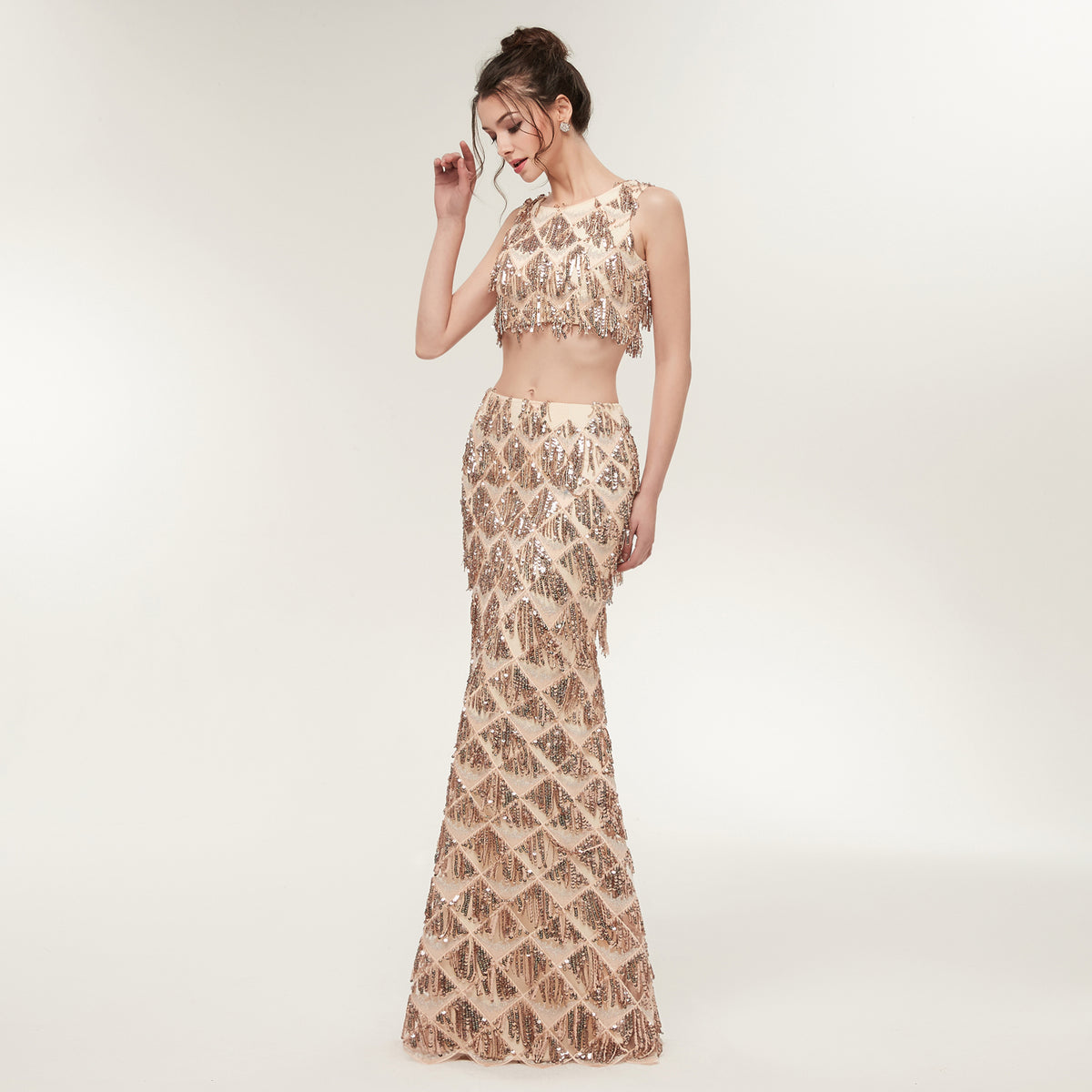 7-Day Dispatch Sleeveless Crew Neck Champagne Sequin Two-Piece Mermaid Prom Dress Cutout Waist Fringe Formal Gown
