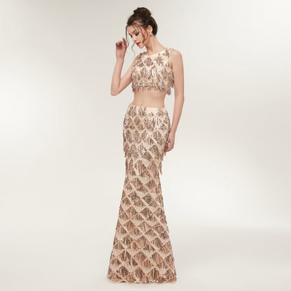 7-Day Dispatch Sleeveless Crew Neck Champagne Sequin Two-Piece Mermaid Prom Dress Cutout Waist Fringe Formal Gown