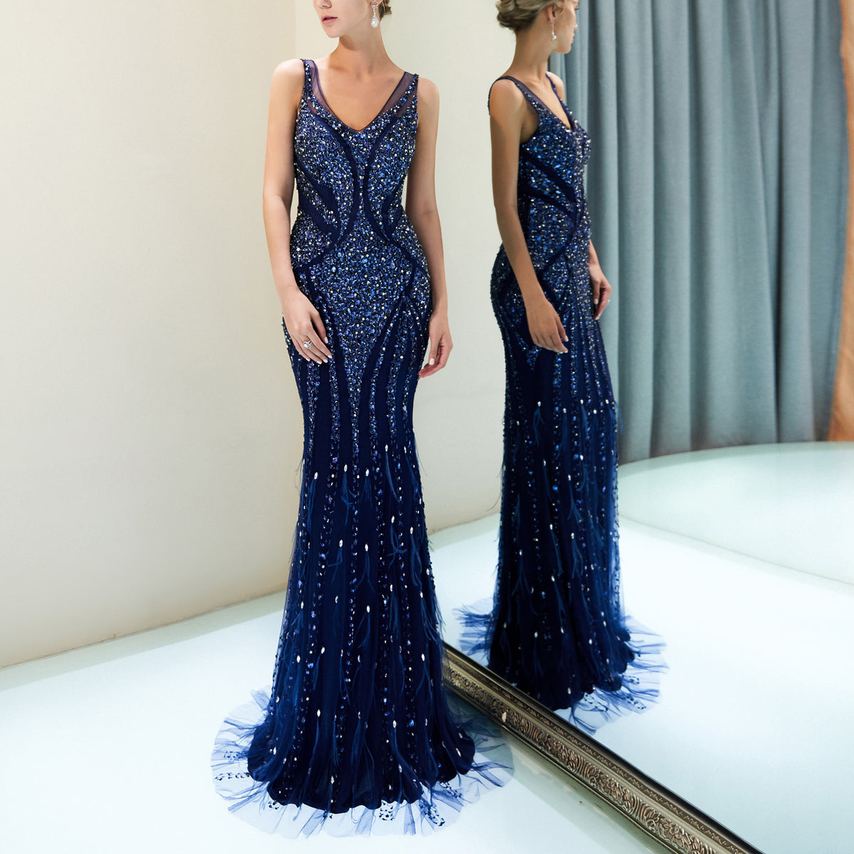 7-Day Dispatch Sleeveless Illusion High Neck Champagne Beaded Mermaid Gown Deep V-Back Vertical Bead Stripe Sheer Tulle Train Evening Dress