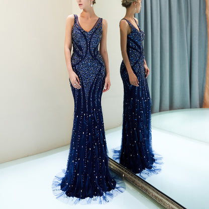7-Day Dispatch Sleeveless Illusion High Neck Champagne Beaded Mermaid Gown Deep V-Back Vertical Bead Stripe Sheer Tulle Train Evening Dress