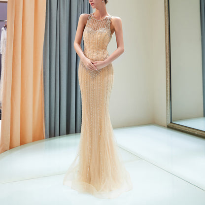 7-Day Dispatch Sleeveless Deep V-Neck Navy Blue Sequin Beaded Mermaid Gown Illusion Mesh Back Feather Trim Floor-Length Evening Dress