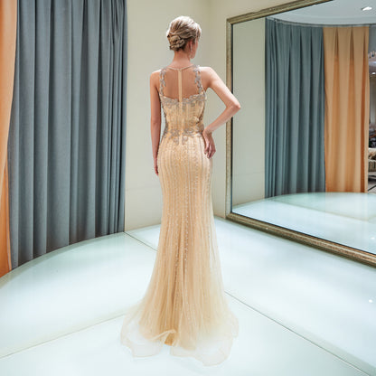 7-Day Dispatch Sleeveless Deep V-Neck Navy Blue Sequin Beaded Mermaid Gown Illusion Mesh Back Feather Trim Floor-Length Evening Dress