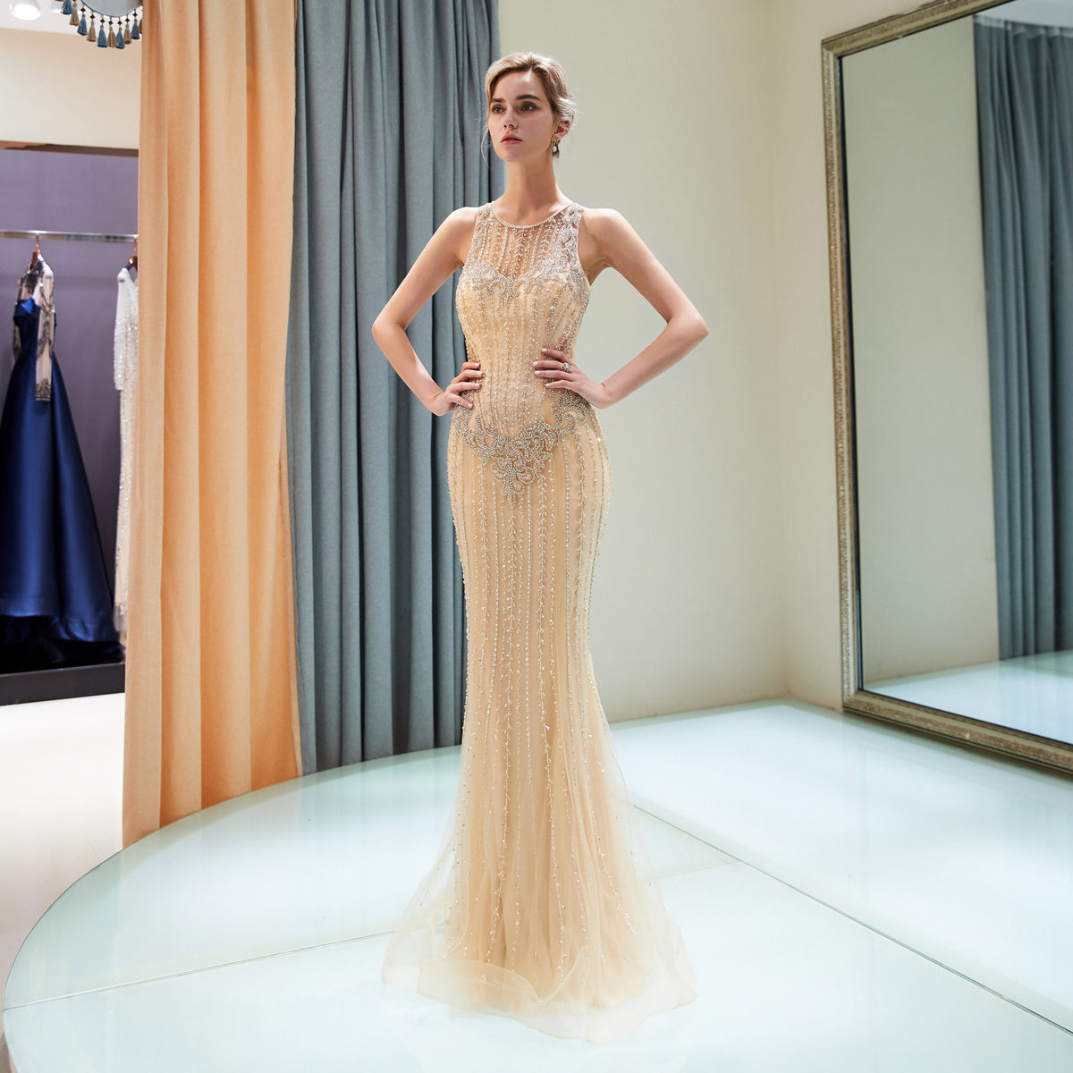 7-Day Dispatch Sleeveless Deep V-Neck Navy Blue Sequin Beaded Mermaid Gown Illusion Mesh Back Feather Trim Floor-Length Evening Dress