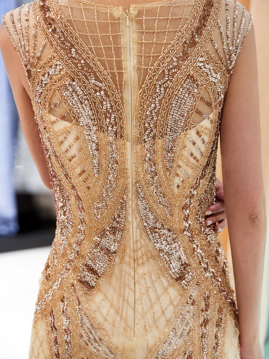 7-Day Dispatch Sleeveless Illusion Neck Champagne Gold Heavy Beaded Mermaid Gown Geometric Pattern V-Back Sheer Tulle Train Evening Dress