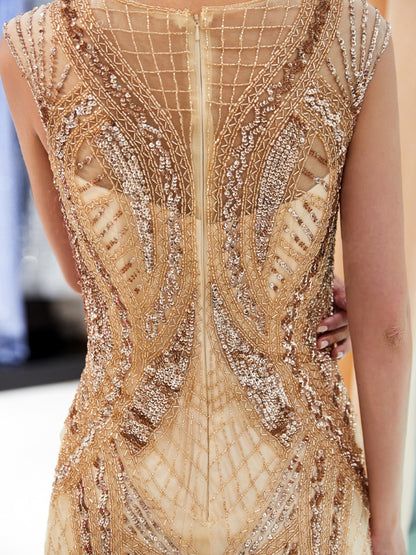 7-Day Dispatch Sleeveless Illusion Neck Champagne Gold Heavy Beaded Mermaid Gown Geometric Pattern V-Back Sheer Tulle Train Evening Dress