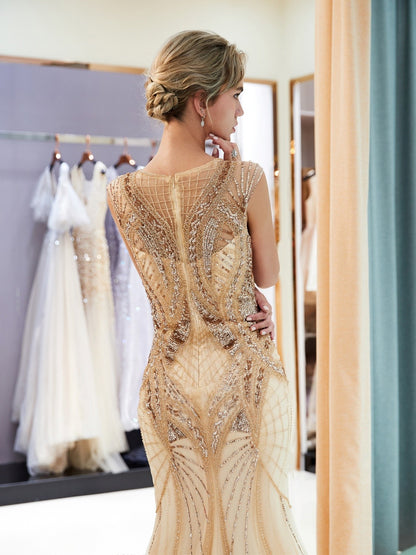 7-Day Dispatch Sleeveless Illusion Neck Champagne Gold Heavy Beaded Mermaid Gown Geometric Pattern V-Back Sheer Tulle Train Evening Dress