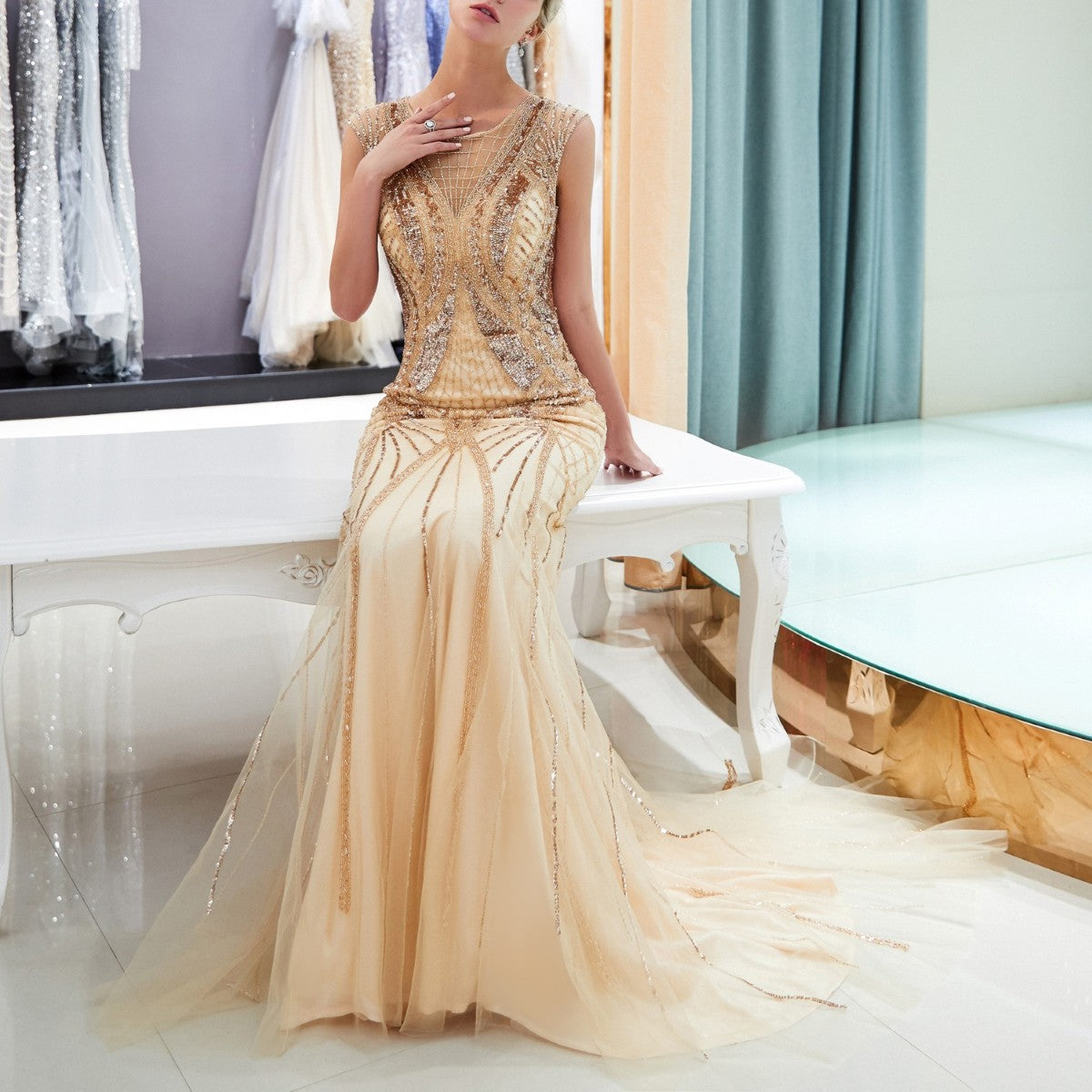 7-Day Dispatch Sleeveless Illusion Neck Champagne Gold Heavy Beaded Mermaid Gown Geometric Pattern V-Back Sheer Tulle Train Evening Dress