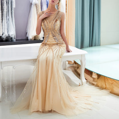 7-Day Dispatch Sleeveless Illusion Neck Champagne Gold Heavy Beaded Mermaid Gown Geometric Pattern V-Back Sheer Tulle Train Evening Dress