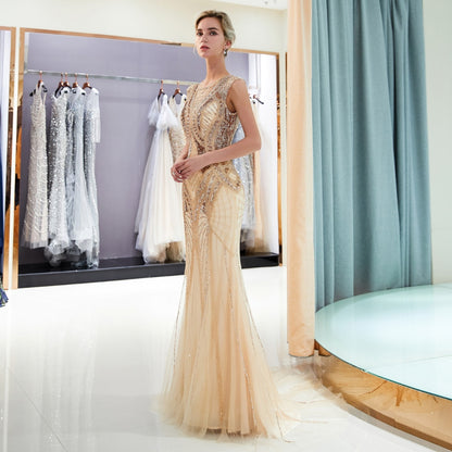 7-Day Dispatch Sleeveless Illusion Neck Champagne Gold Heavy Beaded Mermaid Gown Geometric Pattern V-Back Sheer Tulle Train Evening Dress