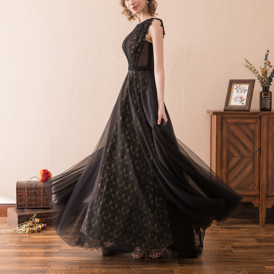 7-Day Dispatch Sleeveless Illusion Neckline Black Lace Tulle A-Line Evening Gown Beaded Waist Deep V-Back Formal Dress