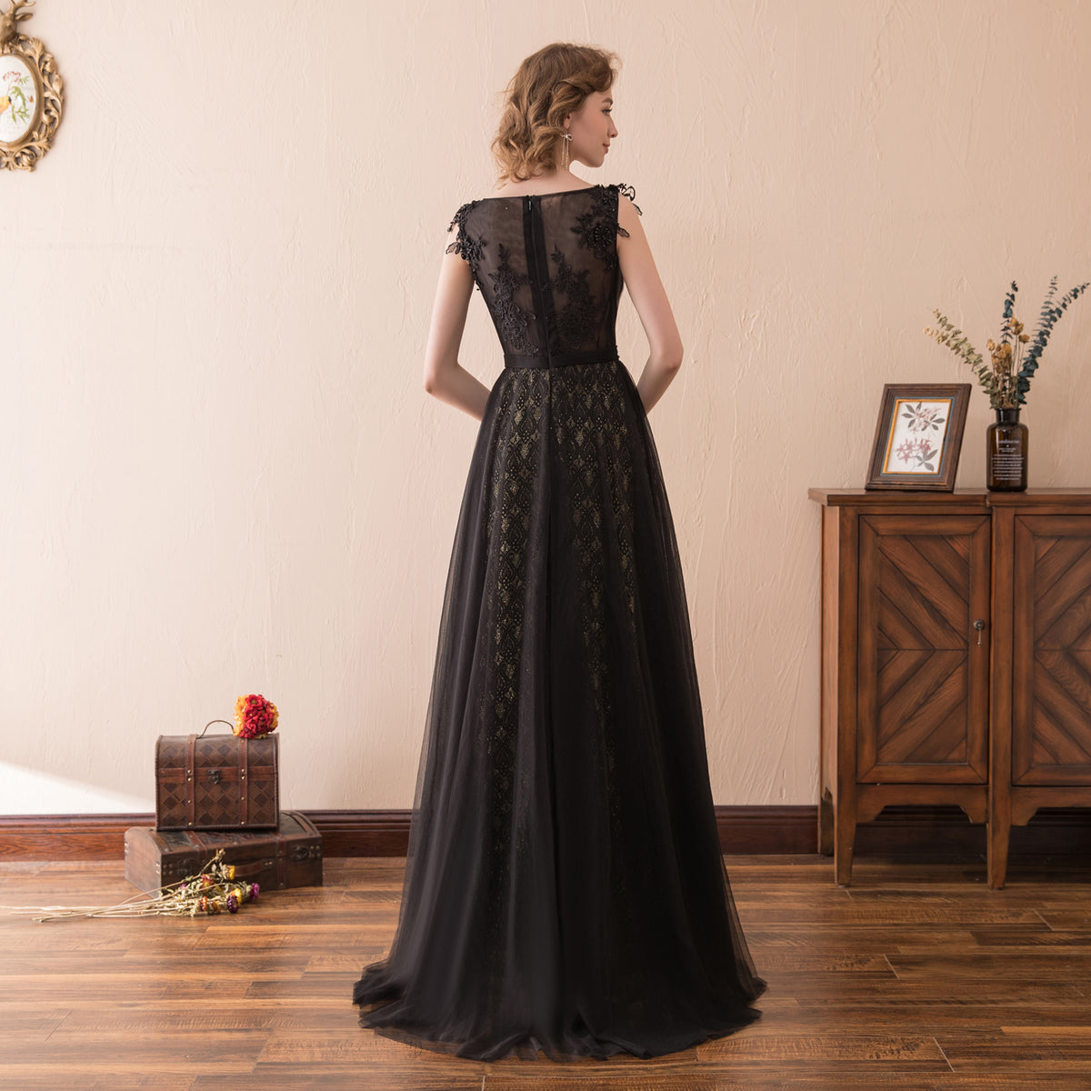 7-Day Dispatch Sleeveless Illusion Neckline Black Lace Tulle A-Line Evening Gown Beaded Waist Deep V-Back Formal Dress