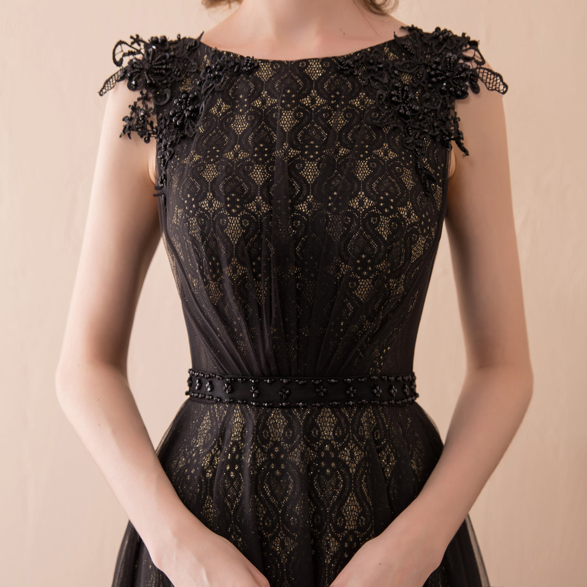 7-Day Dispatch Sleeveless Illusion Neckline Black Lace Tulle A-Line Evening Gown Beaded Waist Deep V-Back Formal Dress
