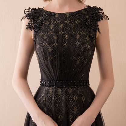 7-Day Dispatch Sleeveless Illusion Neckline Black Lace Tulle A-Line Evening Gown Beaded Waist Deep V-Back Formal Dress