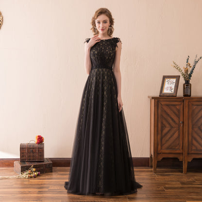 7-Day Dispatch Sleeveless Illusion Neckline Black Lace Tulle A-Line Evening Gown Beaded Waist Deep V-Back Formal Dress