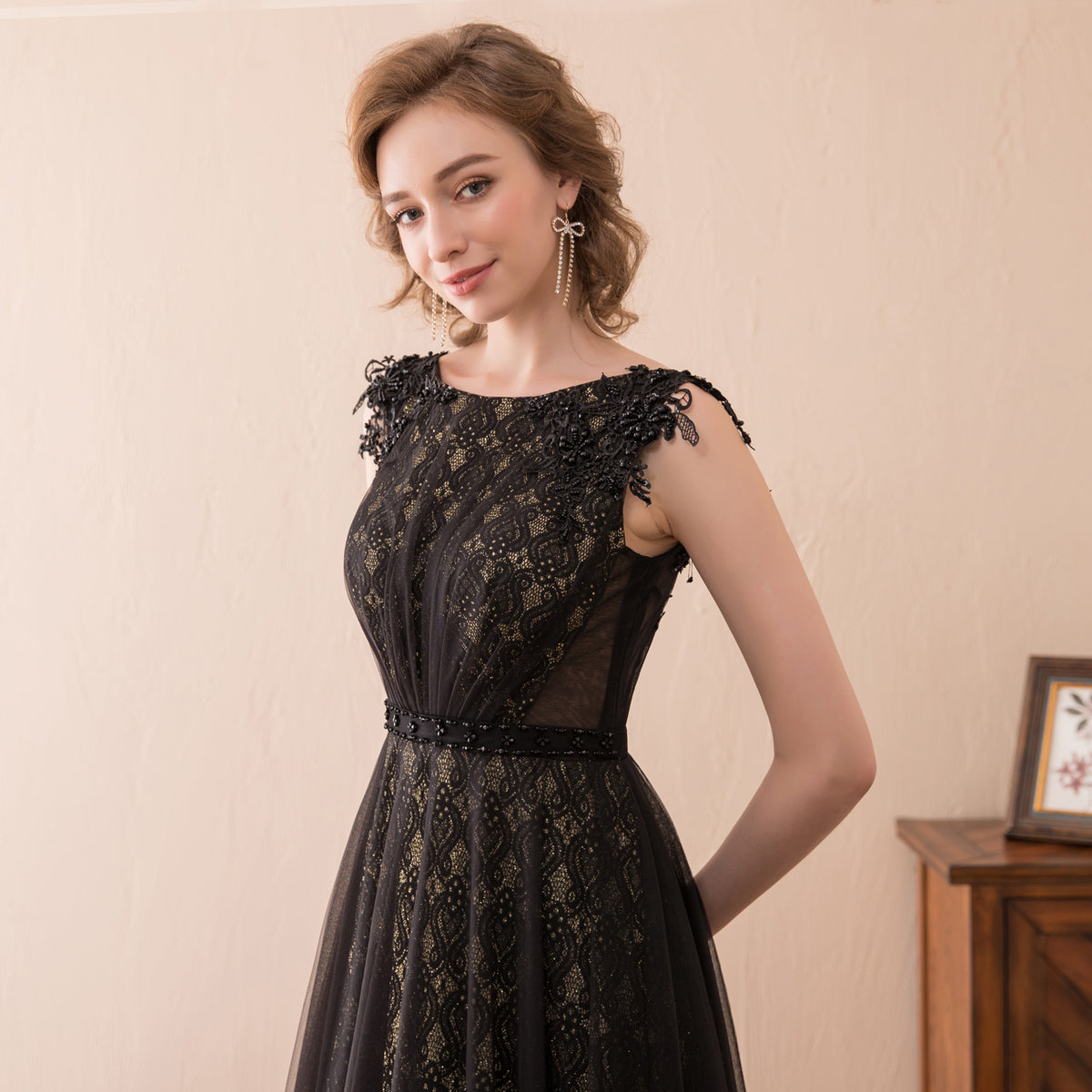 7-Day Dispatch Sleeveless Illusion Neckline Black Lace Tulle A-Line Evening Gown Beaded Waist Deep V-Back Formal Dress