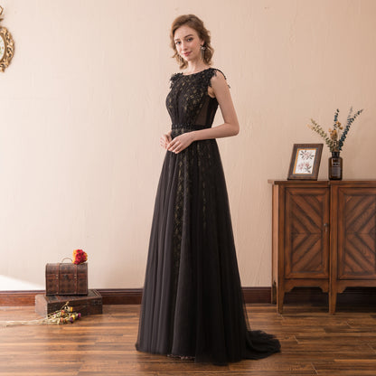 7-Day Dispatch Sleeveless Illusion Neckline Black Lace Tulle A-Line Evening Gown Beaded Waist Deep V-Back Formal Dress