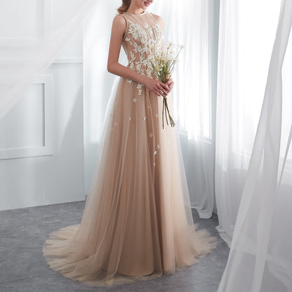 7-Day Dispatch Sleeveless Illusion Neckline Champagne Tulle A-Line Wedding Dress White Floral Applique Open Back Sweeping Train Bridal Gown