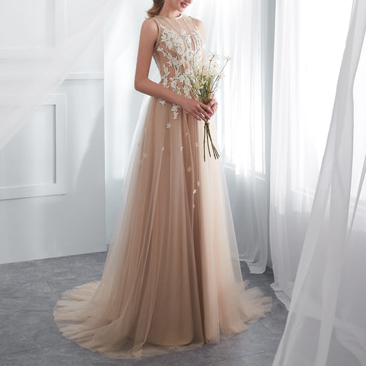 7-Day Dispatch Sleeveless Illusion Neckline Champagne Tulle A-Line Wedding Dress White Floral Applique Open Back Sweeping Train Bridal Gown