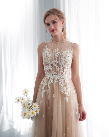 7-Day Dispatch Sleeveless Illusion Neckline Champagne Tulle A-Line Wedding Dress White Floral Applique Open Back Sweeping Train Bridal Gown