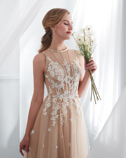 7-Day Dispatch Sleeveless Illusion Neckline Champagne Tulle A-Line Wedding Dress White Floral Applique Open Back Sweeping Train Bridal Gown