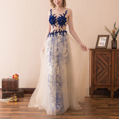 7-Day Dispatch Sleeveless Illusion Neckline Nude Tulle Blue Floral Embroidery A-Line Evening Gown Open Back Train Dress