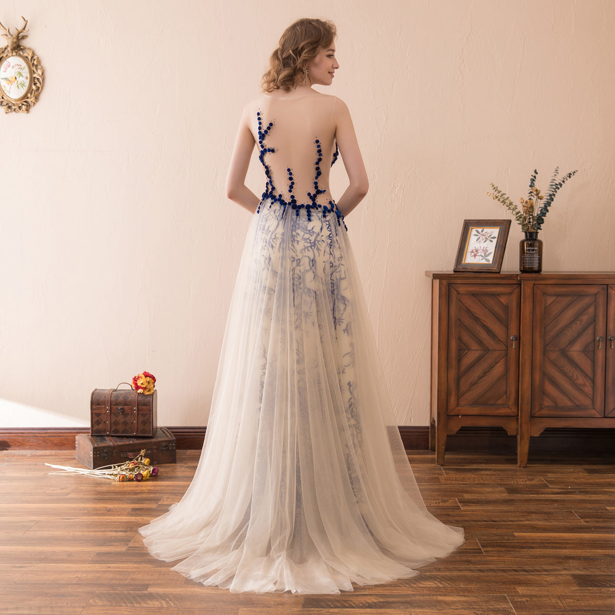 7-Day Dispatch Sleeveless Illusion Neckline Nude Tulle Blue Floral Embroidery A-Line Evening Gown Open Back Train Dress