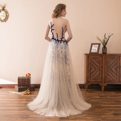 7-Day Dispatch Sleeveless Illusion Neckline Nude Tulle Blue Floral Embroidery A-Line Evening Gown Open Back Train Dress